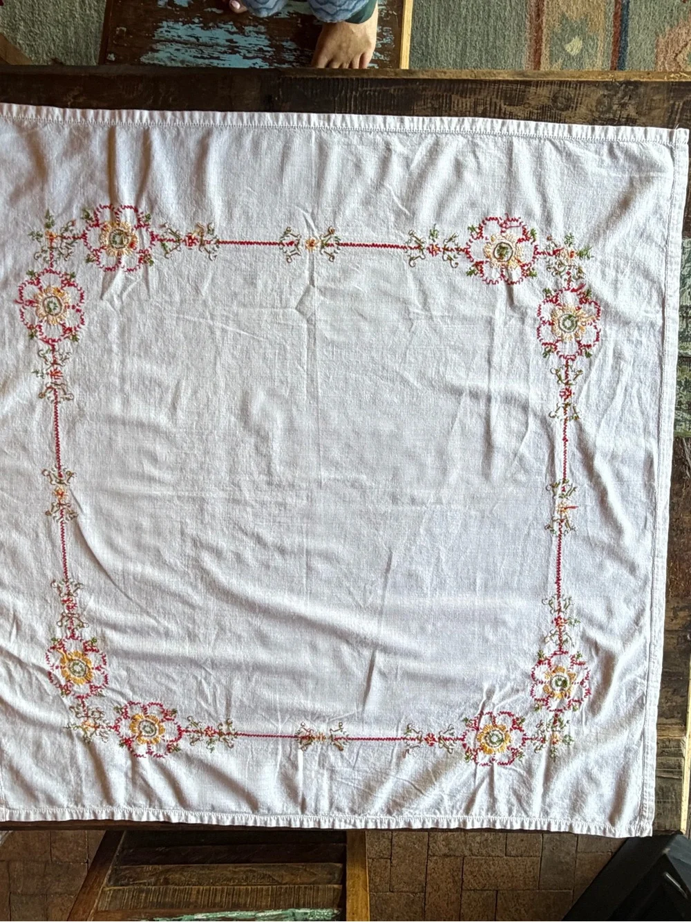 Vintage Hand Embroidered Linen Table Topper 37” Square Floral Cottagecore